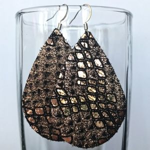 Rose Gold Snake Print Teardrop Leather Earrings